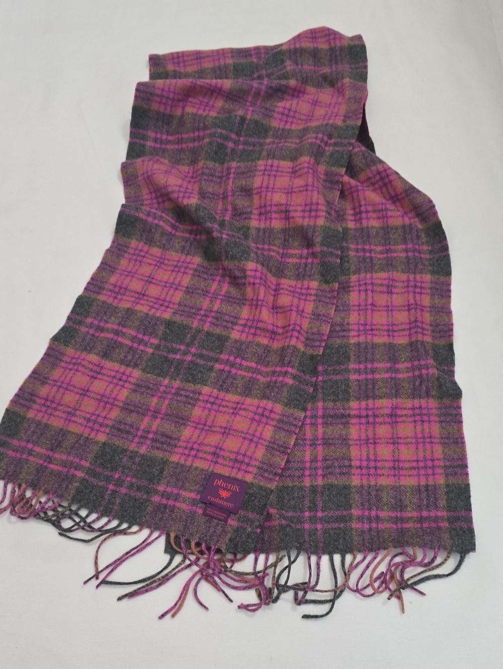 Phenix Pink & Gray Plaid Fringe Scarf